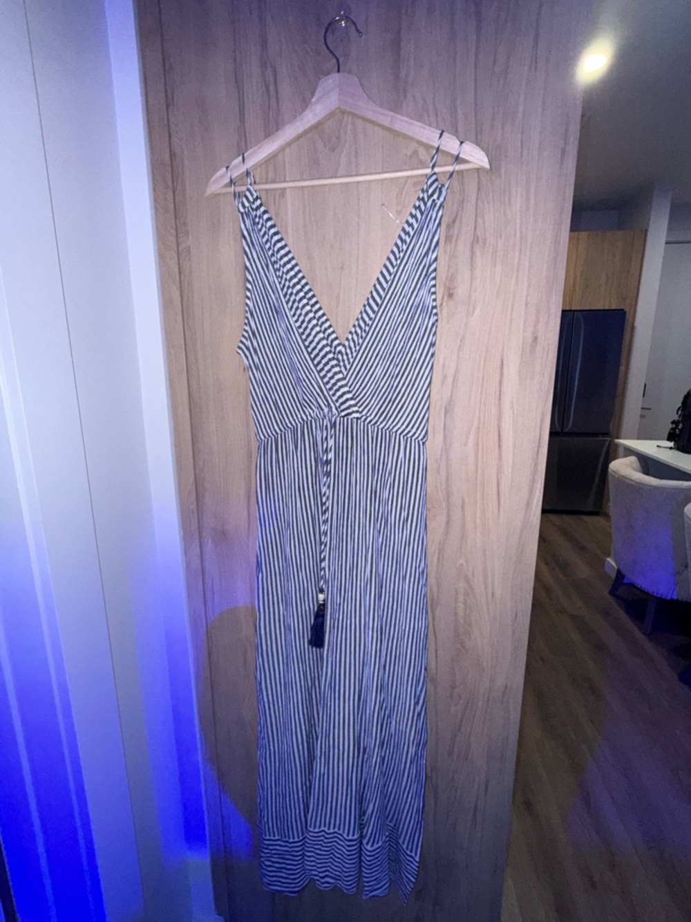 blue island Navy and White Striped Wrap Maxi Dress